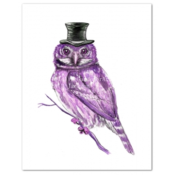 Purple Owl in Top Hat Watercolor Art Print