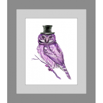 Purple Owl in Top Hat Watercolor Art Print