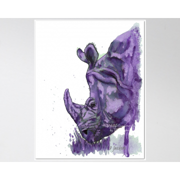 Purple Rhino Watercolor Art Print, 11 x 14 Unframed