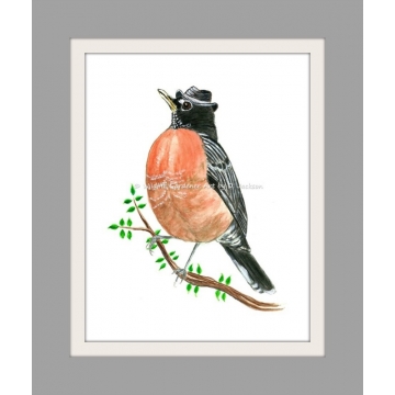 Robin in Fedora Hat Watercolor Bird Art Print
