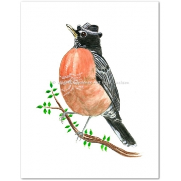 Robin in Fedora Hat Watercolor Bird Art Print