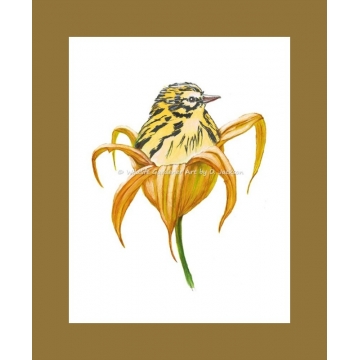 Yellow Bird in Orange Lily Flower Watercolor Art Print
